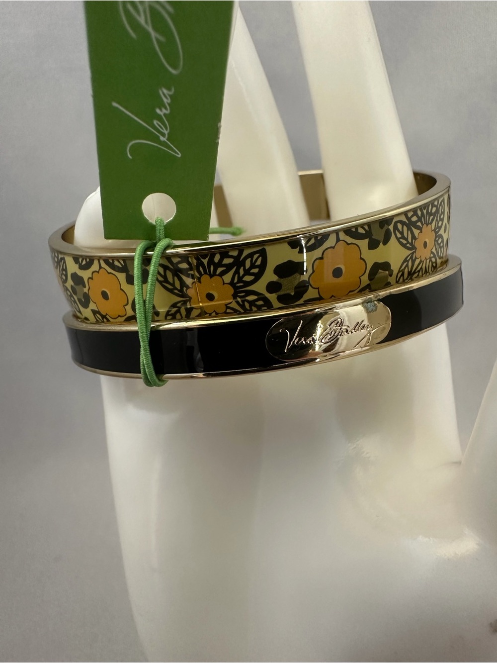 Vera Bradley Yellow Floral and Black Enamel Stacked Bangle Set